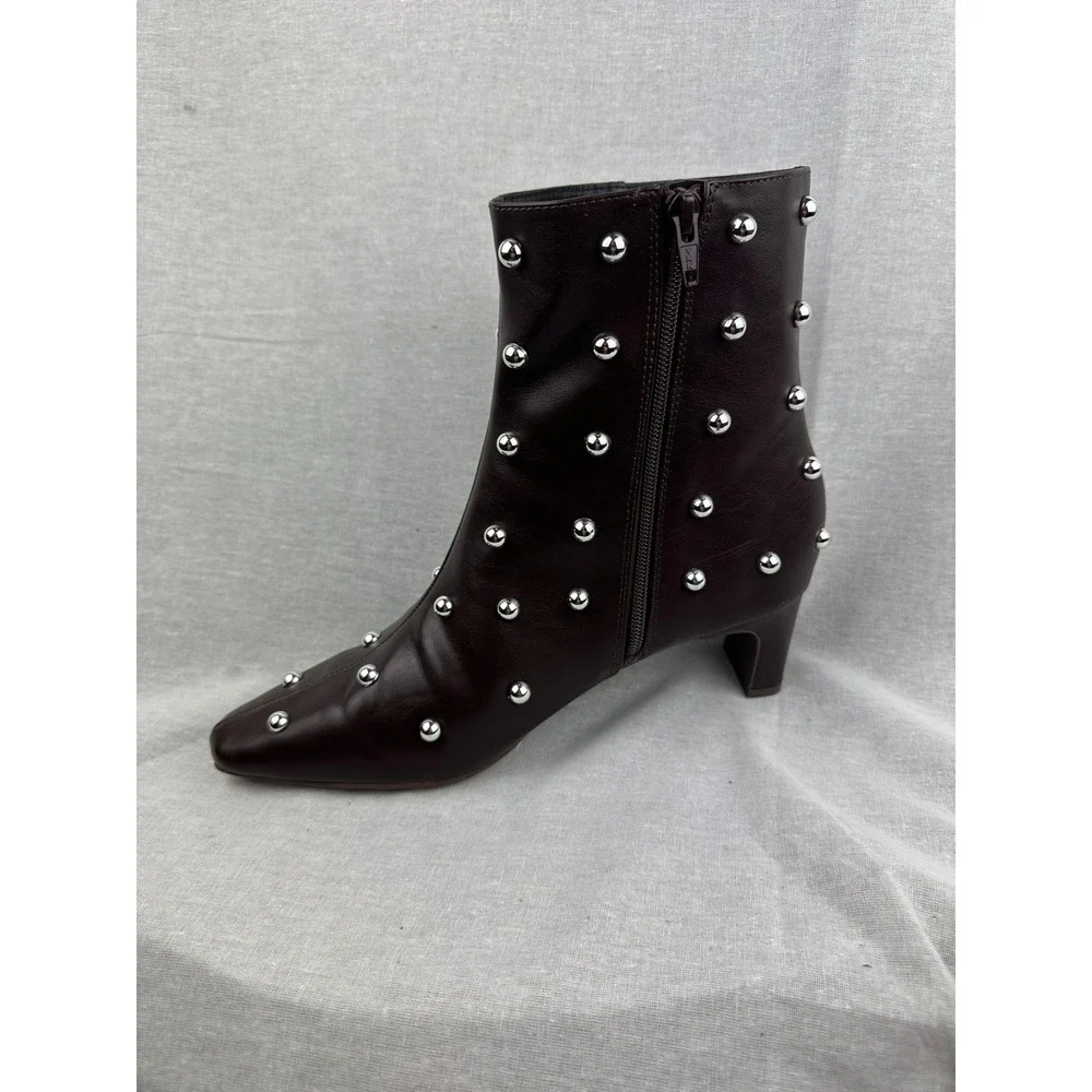 A New Day Burgundy Studded Ankle Boots Square Toe Kitten Heel Size 9 F00314016